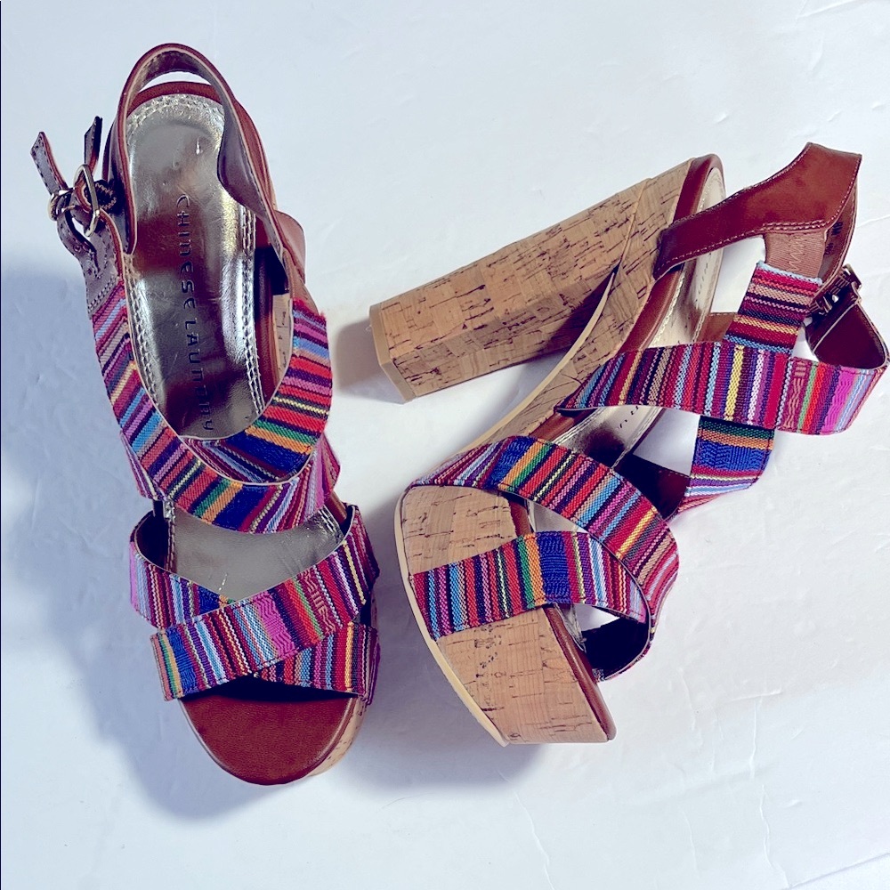 Chinese Laundry NEW Marianne Navajo fabric mulit brown cork platform heel 8M
